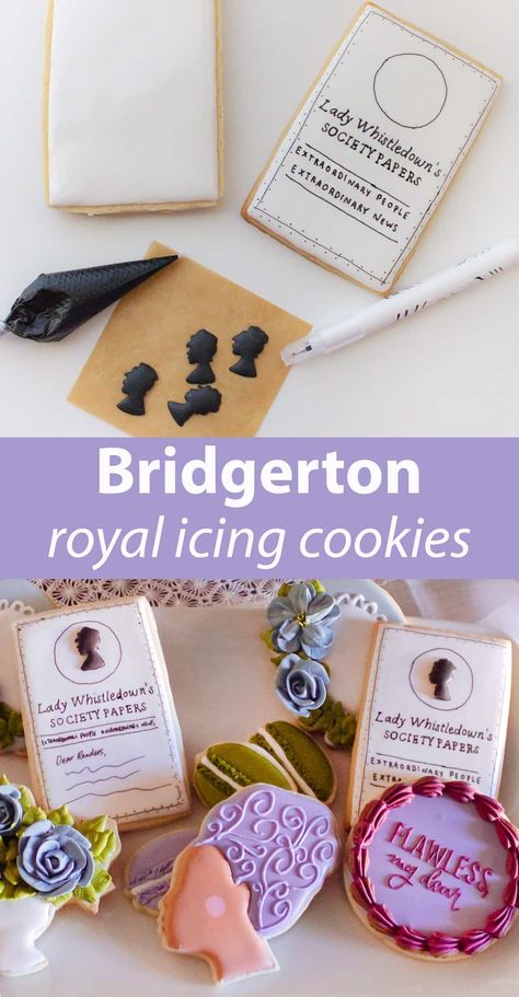 Bridgerton-Inspired Royal Icing Cookies - A Beautiful Mess Bridgerton Themed Cookies, Bridgerton Craft Ideas, Bridgerton Cookies Decorated, Bridgerton Sugar Cookies, Bridgerton Cookies, Bridgerton Recipes, Bridgerton Party, Cookie Techniques, Royal Cookies