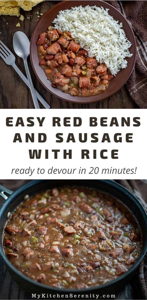 This quick and easy red beans and rice recipe is thick and creamy with all the flavors of New Orleans everyone loves. This recipe is ready to eat in under 30 minutes, making it a perfect weeknight meal!  Creamy creole red beans, smoked sausage, cajun seasoning, and trinity simmered together & served over hot cooked rice. Easy Red Beans And Rice, Red Beans And Rice Recipe Easy, Slow Cooker Red Beans, Red Beans And Rice Recipe, Red Beans N Rice Recipe, Beans And Sausage, Red Beans And Rice, Easy Rice Recipes, Beans And Rice