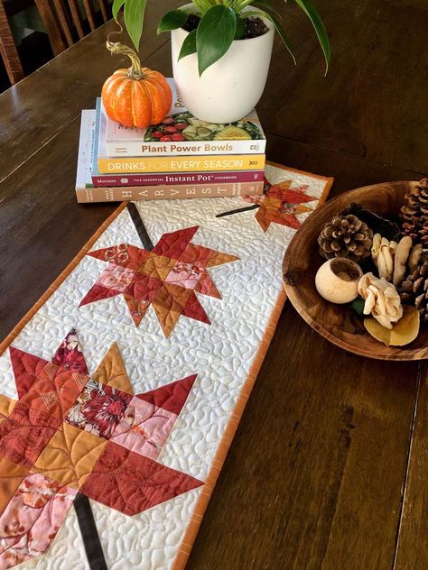 Free Scrappy Leaves Table Runner pattern - The Crafty Quilter Fall Table Runner Patterns, Leaves Table Runner, Scrappy Patchwork, Leaf Quilt, Applique Table Runner, Fall Quilt Patterns, Runner Pattern, Harvest Decor, Fall Sewing