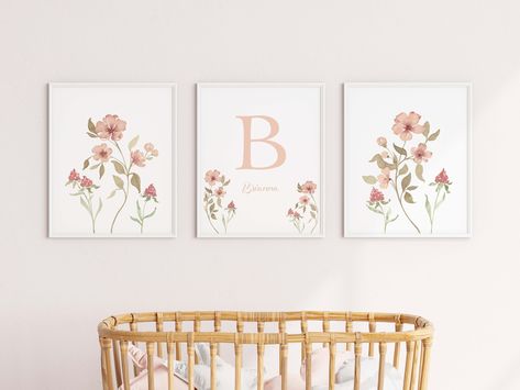 Baby Girl Nursery Paintings, Flower Watercolor Paintings, Boho Floral Nursery, Boho Baby Girl Nursery, Flower Initial, Boho Baby Girl, Nursery Paintings, Flower Watercolor