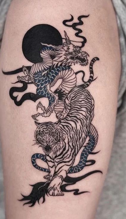 101 Best Medieval Dragons Tattoo Ideas That Will Blow Your Mind! 40 Outsons Dragon Tattoo Japanese Style, Medieval Dragon Tattoo, Jormungandr Tattoo, Dragon Tiger Tattoo, Tigre Y Dragon, Blue Dragon Tattoo, Shen Long Tattoo, Dbz Tattoo, Dragon Tattoo Meaning