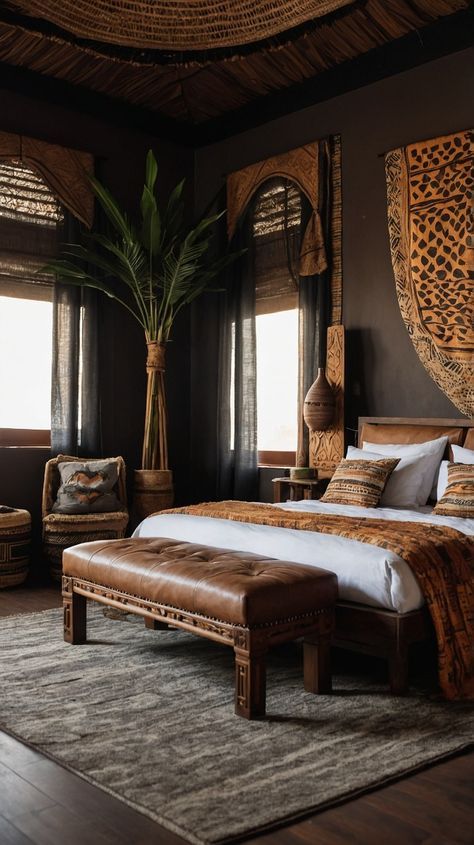 African Master Bedrooms Decor, Minimal African Interior, Africa Themed Bedroom, Africa Bedroom Ideas, African Interior Design Bedroom, African Bedroom Ideas, African Style Bedroom, African Room Decor, Afrocentric Bedroom