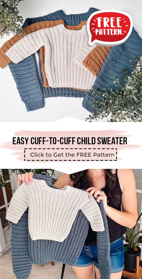 crochet Easy Cuff-to-Cuff Child Sweater free pattern - FREE Crochet Cuff-to-Cuff Child Sweater 
 Pattern for Beginners. Click to Get the Pattern #Sweater #crochetpattern #crochet via @shareapattern.com Cuff To Cuff Crochet Sweater Pattern, Childs Crochet Sweater, Cuff To Cuff Sweater Knitting Patterns, Crocheted Baby Sweater, Crochet Kid Sweater Free Pattern, 3t Crochet Sweater Pattern Free, Free Crochet Pattern Sweaters, Child Sweater Crochet Pattern Free, Kids Knit Sweater Pattern