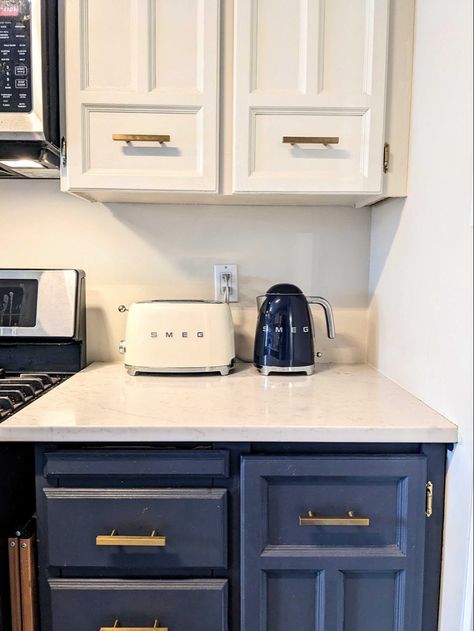 Smeg toaster and kettle set to match the kitchen colour scheme. Cream and Navy blue <3 Navy Blue Kitchen Aesthetic, Navy Blue Kitchen Appliances, Blue Smeg Kitchen, Navy Kitchen Appliances, Blue Smeg Appliances, Smeg Kettle In Kitchen, Navy Blue And Cream Kitchen, Smeg Toaster In Kitchen, Navy And Cream Kitchen