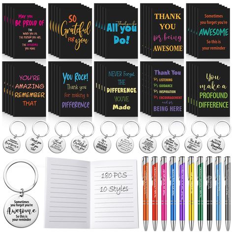 PRICES MAY VARY. Employee Appreciation Gifts Set: You will receive 180 pieces thank you gifts bulk, including 60 pieces thank you notebooks with 10 different grateful quotes, 60 pieces metal key chains in 10 styles, and 60 pieces motivational ballpoint pens in 10 bright colors, which are sufficient in quantity to express your gratitude to others praise and thanks Encouraged and Delicate: the employees appreciation gifts are printed with inspirational and meaningful quotes, such as "Thank you for Bulk Thank You Gifts, Employee Recognition Board, Bulk Teacher Gifts, Recognition Board, Pen Keychain, Grateful Quotes, Appreciation Message, Gifts Set, Employee Recognition