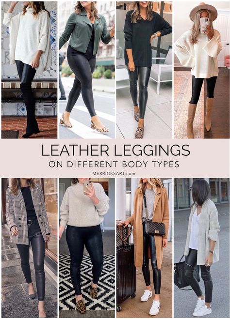 How to Style It: Black Leather Leggings Outfits | Merrick's Art Leather Pants Leggings Outfit, Casual Black Leather Pants Outfit, Black Leather Leggings Outfit Winter, Outfit Ideas With Leather Leggings, Leather Leggings Outfit 2023, Pleather Legging Outfits Plus Size, Black Leather Leggings Outfit Dressy, Black Leather Leggings Outfit Casual, Black Leather Leggings Outfit Night