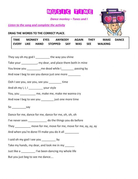 Monkey Worksheet, What Is Dance, Dance Monkey, English As A Second Language (esl), English As A Second Language, Grade 5, You And I, Knowing You, Songs