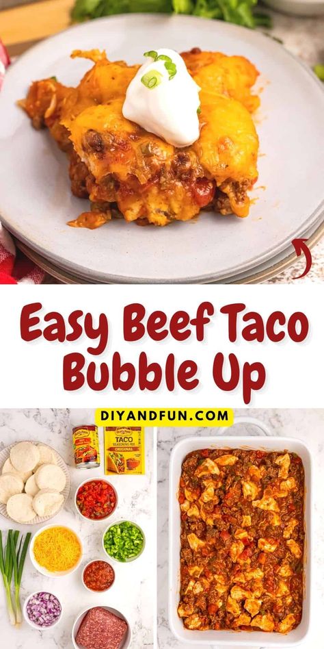 Easy Beef Taco Bubble Up, a simple baked casserole meal recipe idea made with biscuit dough topped with popular taco fillings. Taco Casserole With Biscuits, Taco Bake Casserole With Biscuits, Taco Bake With Biscuits, Taco Biscuit Casserole, Bubble Up Taco Bake, Taco Bubble Up Bake, Taco Biscuit Bake, Mexican Bubble Up Casserole, Ground Beef And Biscuit Recipes