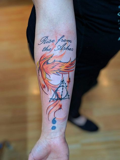 #HarryPotter #Semicolon #RiseFromTheAshes #Phoenix #Tattoo Semicolon Phoenix Tattoo, Harry Potter Semicolon Tattoo, Faux Phoenix Harry Potter Tattoo, Phoenix Tattoo With Semicolon, Harry Potter Pheonix Tattoo For Women, Semi-colon Phoenix Tattoo, Harry Potter Forearm Tattoo, Fawkes Tattoo Harry Potter, Harry Potter Phoenix Tattoo