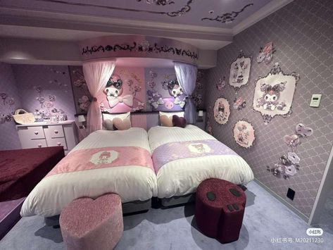 My melody room, Kuromi room Kuromi Bedroom, Hello Kitty Flowers, Kuromi Room, Sanrio Bedroom, Beauty Room Vanity, Dorm Room Wall Decor, Purple Bedrooms, Bedroom Upgrade, Dorm Room Walls