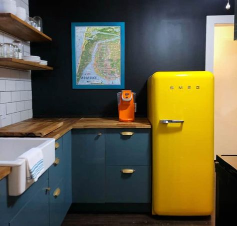 Motel Room Design, Yellow Fridge, Motel Ideas, Groovy Kitchen, Family Vision, Pub Ideas, Frame Kitchen, Colorful Cottage, Motel Room