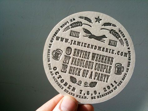 letterpress coaster Fun Jobs, Letterpress Coasters, Beer Wedding, Craft Packaging, Vi Design, Wedding Coasters, Foil Wedding Invitations, Cheap Wedding Invitations, Beer Coasters