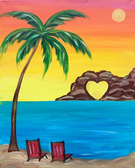 Summer Scenes To Paint, Cute Water Paintings Easy, Beach Seen Drawing, Summer Theme Painting, Draw Summer Ideas, Seascape Paintings Easy, Drawing Ideas For Summer, Beach Scene Painting Easy, Summer Paint Night Ideas