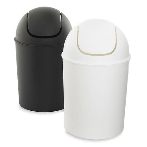 Umbra Mini Swing-Lid Trash Cans | The Container Store Small White Bathrooms, Nyc Rooms, Bathroom Waste Basket, Bathroom Sink Cabinets, Bathroom Trash Can, Makeup Sponges, Cotton Swabs, The Container Store, Cotton Balls