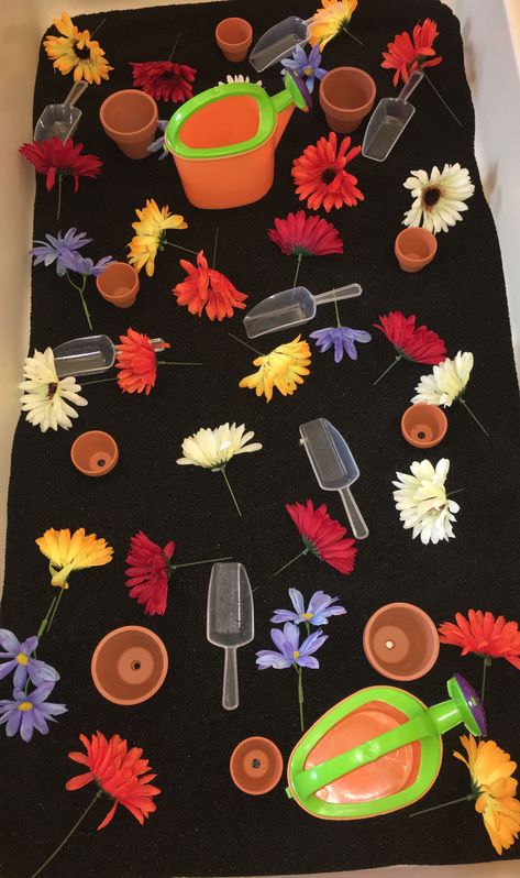 Preschool Spring flowers sensory table Snowflakes Preschool, Flowers Activity, April Gardening, Water Play Preschool, Preschool Spring, Garden Unit, Preschool Garden, Bee Book, Sensory Ideas