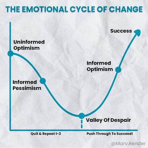 🌟 The Emotional Cycle of Change Ever felt like giving up on a new project or business venture? You’re not alone! Change often brings a rollercoaster of emotions, but understanding this cycle can help you push through to success. Uninformed Optimism: You're excited and optimistic, unaware of the challenges ahead. Informed Pessimism: Reality sets in. You recognize the difficulties, and doubts start creeping in. Valley of Despair: The toughest phase. This is where many give up, but pushing t... Rollercoaster Of Emotions, The Key To Success, Business Venture, Business Advice, New Project, Roller Coaster, Giving Up, Felt, Bring It On