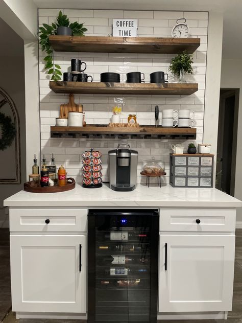 Coffee Bar Modern Farmhouse, Coffee Nook With Floating Shelves, Coffee Drink Bar In Kitchen, Coffee And Drink Bar, Coffee And Wine Bar Open Shelves, Coffee Bar With Shelves, Coffee And Alcohol Bar, Rustic Floating Shelves Coffee Bar, Beverage Nook