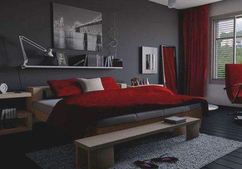 Gray Red Bedroom, Maroon Bedroom, Coaching Branding, Burgundy Bedroom, Black And Grey Bedroom, Red Bedroom Design, Red Bedroom Decor, Black Bedroom Decor, Stylish Bedroom Design