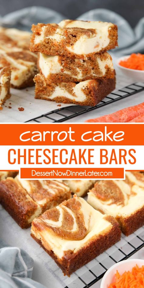 Carrot Cake Cheesecake Bars combine a simple spiced carrot cake with a creamy vanilla cheesecake. The two batters are swirled together to make the most delicious and beautiful marbled carrot cake blondies. Carrot Cake Cheesecake Bars, Carrot Cake Bars Recipe, Best Carrot Cake Ever, Spiced Carrot Cake, Carrot Desserts, Bars Dessert, Cake Bars Recipe, Carrot Cake Bars, Carrot Spice Cake