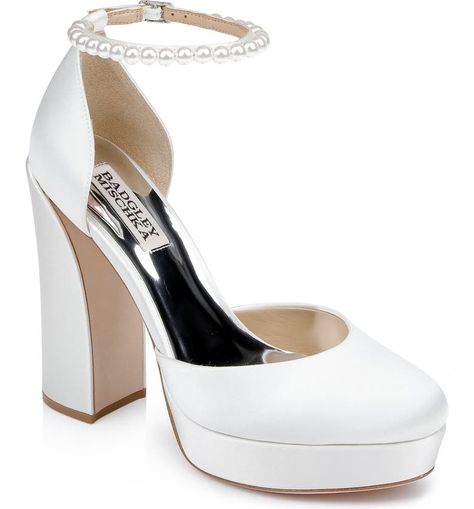 Badgley Mischka Collection Felixa Ankle Strap Platform Sandal (Women) | Nordstrom Bridal Shoes Block Heel Elegant, Simple Wedding Hells, Debutante Shoes Heels White, White Heels Wedding Dress, Bridal Shoes With Satin Dress, White Wedding Shoes Brides Heels Simple, Bride Heels, Wedding Shoes Platform, Wedding Shoes Bride