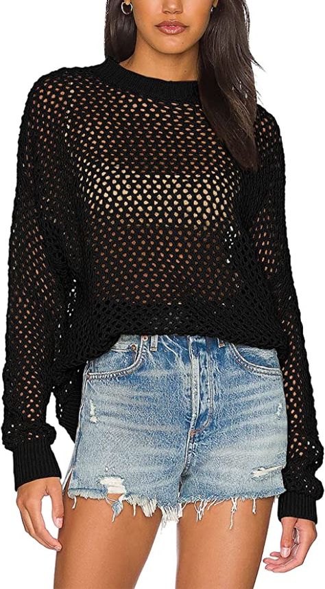 Lace Beach Wear, Net Sweater, Black Fishnet Top, Casual Sweaters Women, Long Sweaters For Women, Mesh Sweater, Fishnet Top, T Shirt Crop Top, Black Fishnets