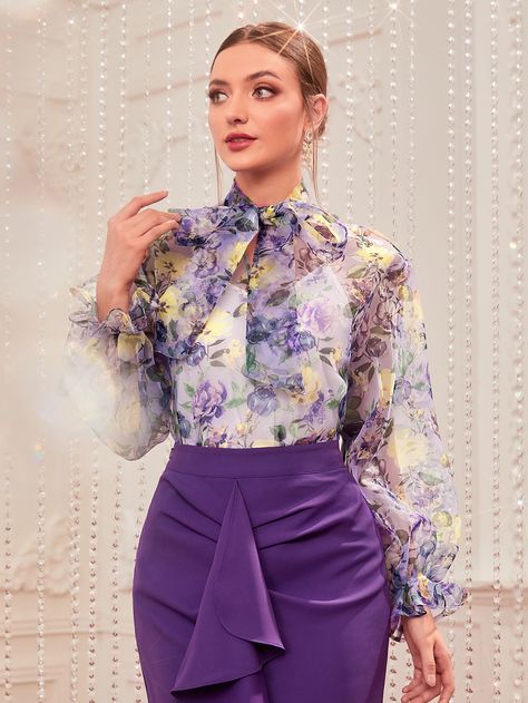 Purple Elegant Collar Long Sleeve Organza Floral Top Embellished Non-Stretch  Women Tops, Blouses & Tee Organdy Top Blouses, Organdi Tops, Organza Tops Blouses, Organza Top Styles, Corporate Dresses, Organza Fashion, Organza Tops, Corporate Dress, African Dresses For Kids