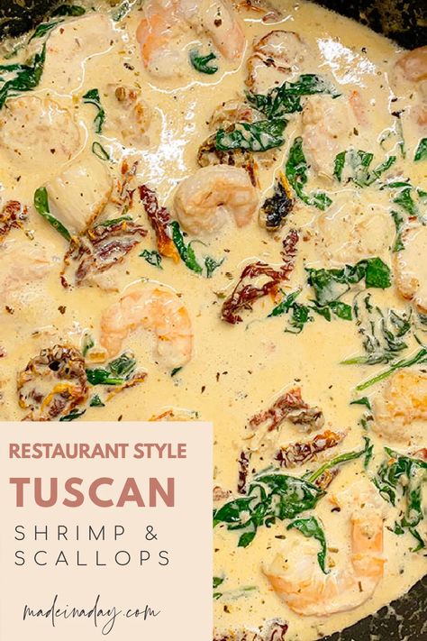 Rich restaurant style seafood dish made at home. Try this super easy Creamy Tuscan Shrimp and Scallops. Creamy sauce with sundried tomatoes and fresh spinach. #scallops #tuscanscallops #tuscanshrimp #shrimp #creamsauce #spinach #sundriedtomatoes #pasta #rice #olivegarden #copycat #datenight Creamy Tuscan Shrimp And Scallops, Scallop Sundried Tomato Pasta, Cajun Shrimp And Scallop Pasta, Shrimp And Scallops Pasta Recipes, Shrimps And Scallops Recipe, Shrimp And Scallops With Rice, Creamy Shrimp And Scallop Pasta, Scallop Shrimp Pasta, Shrimp Scallops Pasta Recipes