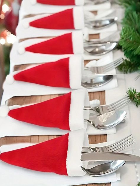 Ensemble de décoration de table de Noël, 10 pièces - Petit bonnet de Père Noël en velours, support argenté et décoration de bouteille de vin, nappe en tricot de polyester, couleurs unies, fournitures et cadeaux pour fête de Noël rouge (10 pièces)    Polyester     Event & Party Supplies, size features are:Bust: ,Length: ,Sleeve Length: Christmas Cutlery, Deco Table Noel, Tafel Decor, Silverware Holder, Dinner Party Table, Christmas Tableware, Hat Decoration, Dinner Table Decor, Holiday Dining