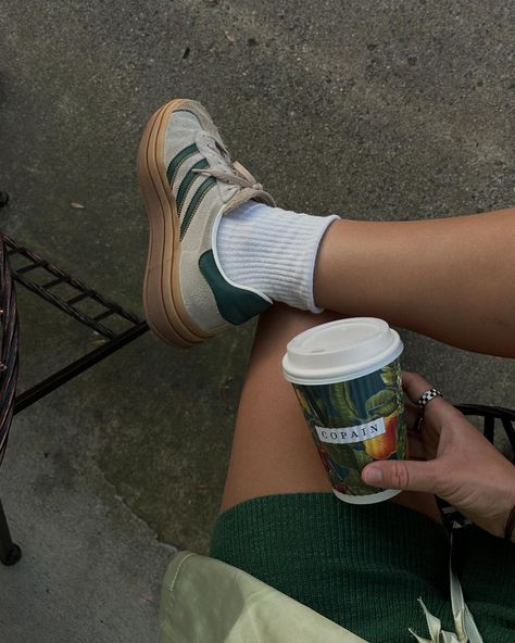 the green obsession continues 🍃☕️ spring style, Pinterest inspo, casual outfits, amazon finds, outfit inspo, casual chic, street style, adidas gazelle bold, effortless chic, parisian chic #outfitinspiration #springfashion #inspobykooba #casualoutfit #amazonfinds #amazonfashion #pinterestaesthetic #pinterestgirl #summervibes #spring2024 #charlottenc Adidas Gazelle Bold Outfit, Gazelle Bold Outfit, Gazelle Bold, Adidas Gazelle Bold, Green Shoes Outfit, Adidas Bold, Adidas Gazelle Outfit, Tan Outfit, Stripe Outfits