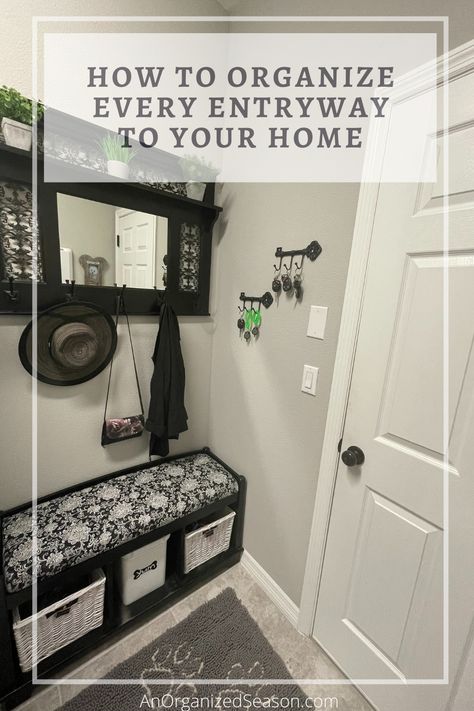 How to efficiently organize every entryway to your home! #organizedentryway #organizeyourentrance #organizedfoyer #organizedhome #foyerorganization #entrywayorganization #entrywayorganized #entrywayorganizer via @anorganizedseason How To Organize Entryway, Organize Entryway, Foyer Organization, Front Door Entryway, Decluttering Ideas, Door Entryway, Drop Zone, Entryway Organization, Trash Bag