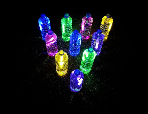 Glow in the Dark Bowling · Kix Cereal Glow In The Dark Bowling, Glow Stick Party, Neon Birthday Party, Fun Outdoor Games, Neon Birthday, Sleepover Games, Teen Decor, Sleepover Activities, Plastic Bottle Crafts