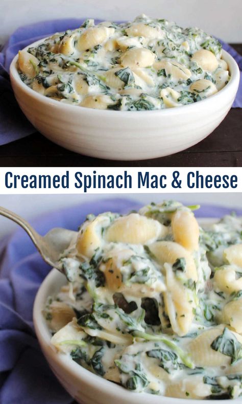 This yummy mac and cheese recipe is super creamy and cheesy. Plus it has spinach mixed in to balance it all out. It is a perfect accompaniment to almost any entrée. Just imagine how good it will look on your dinner plate. Creamed Spinach Mac And Cheese, Mac And Cheese With Spinach, Spinach Macaroni And Cheese, Spinach And Cream Cheese Recipes, Creamed Spinach Pasta, Yummy Mac And Cheese, Healthy Creamed Spinach, Prep Dinners, Spinach Mac And Cheese