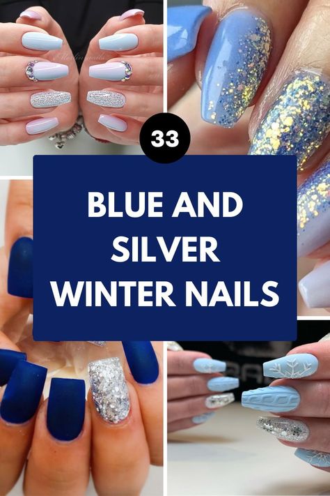 Blue and silver winter nails add a royal touch to any look. This blog post showcases designs ranging from light to navy, perfect for any mood or event. Whether you prefer long elegance or short convenience, almond shapes or sturdy acrylics, dive into a world of royal and navy blue combined with sparkling silver for your next manicure. Christmas Winter Nails Blue, Matte Glitter Nails Winter, Blue Nails Winter 2023, Matte Blue And Silver Nails, Winter Nails 2023 Trends Blue, Royal Blue Holiday Nails, Winter Nails Blue And Silver, Nail Designs With Blue Polish, Blue And Silver Snowflake Nails