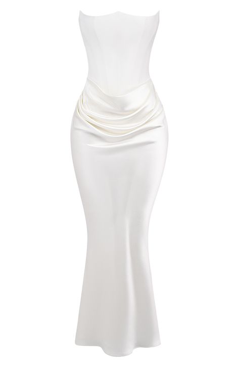 A mix of satin and crepe lend lots of texture to this strapless cocktail dress with signature corsetry built in for extra support. Exclusive retailer Back-zip closure Strapless Lined 75% acetate, 25% polyester with 100% polyester contrast Dry clean Imported Corset Cocktail Dress, Corset Draping, Mode Zara, Maxi Dress White, Drape Maxi Dress, Satin Corset, Amelia Dress, Strapless Corset, Draped Skirt