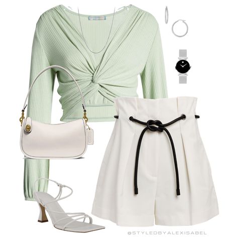 Green Top Outfit, Basic Girl Outfit, Light Sage Green, Movado Watch, Green Long Sleeve Top, Heels Silver, Outfit Layout, Classy Work Outfits, Korean Girl Fashion