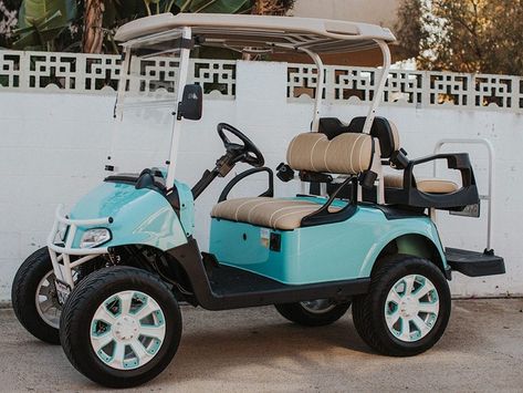 Golf Cart Remodel, Golf Cart Makeover, Golf Cart Paint Ideas, Preppy Golf Cart, Golf Cart Aesthetic, Cute Golf Cart, Beach Golf Cart, Golf Cart Decorating Ideas, Campsite Decorating