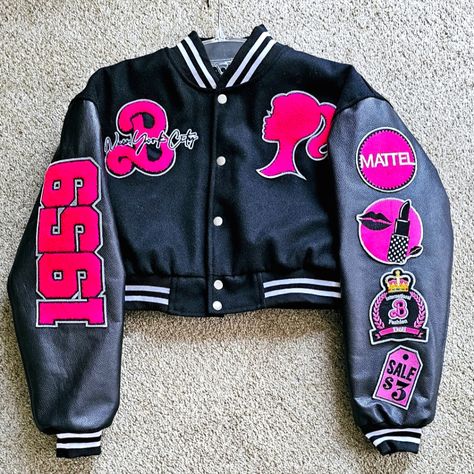 Custom Letterman Jacket Shell: 100% Wool Sleeves: Genuine Leather Custom Patches: Fuschia Pink In Color Available In Sizes: Sm, Med, Lrg & Xl Customized Varsity Jacket, High School Varsity Jacket Design, Custom Painted Jean Jacket, Varsity Jacket Ideas, Letterman Jacket Ideas, Dark Pink Jacket, Letterman Jacket Outfit, Letterman Jacket Patches, Custom Letterman Jacket