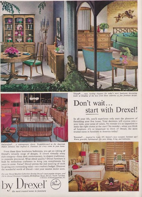 1960s DREXEL Furniture DINING Room Bedroom SET AD Catalog Furniture, Drexel Heritage Furniture, Late Modernism, 1960s Interior, 60s Interior, Heritage Furniture, Drexel Furniture, Pink Tile, Fine Furniture Design