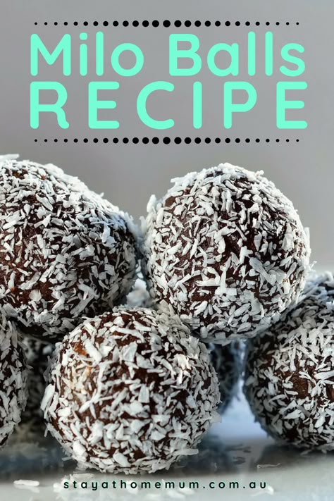 Christmas Ball Recipes, Lunch Box Baking, Milo Balls, Milo Recipe, Chocolate Balls Recipe, Sweet Balls, Ball Recipes, Lunchbox Treats, Stay At Home Mum