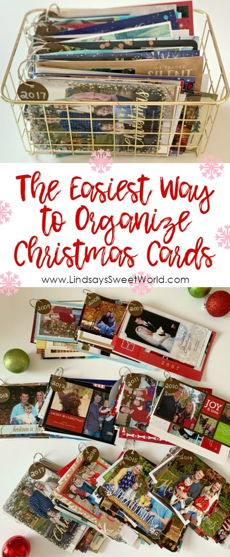 Christmas Card Storage Ideas, How To Display Scrapbooks, Christmas Card Storage, How To Display Birthday Cards, Christmas Card Organization, Organize Christmas Decorations, Organized Christmas Decorations, Addressing Christmas Cards, Holiday Card Display