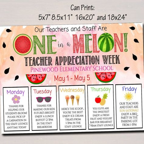 EDITABLE Teacher Appreciation Week Itinerary Poster Summer | Etsy Teacher Appreciation Week Themes, Teacher Appreciation Themes, Charity Work Ideas, Sunshine Committee, Teacher Morale, Schedule Of Events, Staff Appreciation Week, Week Schedule, Fundraising Tips