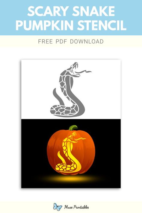 Free printable scary snake stencil for pumpkin carving. Download it at https://museprintables.com/download/pumpkin-stencil/scary-snake/ Snake Pumpkin Carving, Snake Pumpkin, Snake Stencil, Stencil For Pumpkin Carving, Printable Pumpkin Stencils, Pumpkin Stencils Free, Scary Snakes, Carving Templates, Pumpkin Patterns