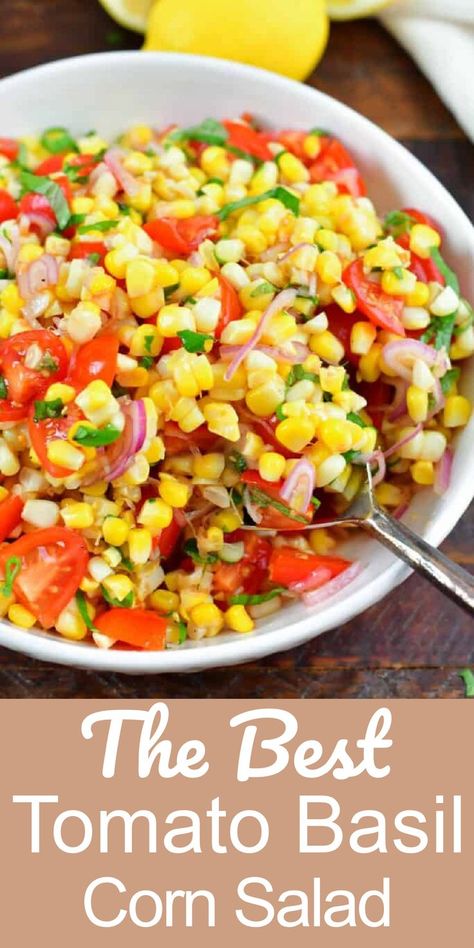 Showcase your favorite late summer produce with this Tomato Basil Corn Salad! It’s a simple medley of fresh corn, cherry tomatoes, aromatic fresh basil, olive oil, and freshly squeezed lemon juice. Enjoy this bright salad as a side dish, as a light lunch, or bring it with you to a picnic. Picnic Salad Recipes, Fresh Corn Recipes, Corn Tomato Salad, Asian Salad Recipe, Corn Recipes Side Dishes, Fresh Corn Salad, Cherry Tomato Salad, Basil Olive Oil, Corn Relish