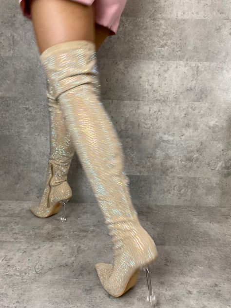 Adriene lycra embellished thigh high boot Heel Knee High Boots, Pointed Toe Boots, Skating Dresses, Toe Boots, Thigh High Boots, Shoe Style, Thigh High, Stiletto Heel, Over The Knee Boots