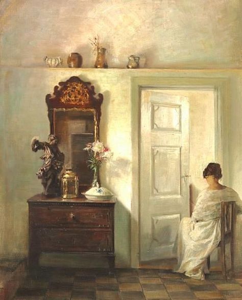 Interior with the artist's wife sitting in the doorway - Carl Vilhelm Holsøe (Danish, 1863-1935). Victorian Sitting Room, Oversized Art Print, Vintage Portraits Painting, Victorian Living Room, Academia Decor, Moody Interiors, Interior Paintings, Dark Academia Decor, Portrait Vintage