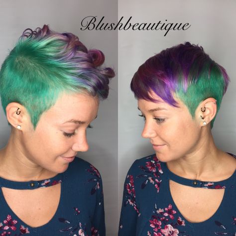 Purple And Green Pixie Hair, Vibrant Pixie Hair Color, Pixie Cut Color, Green Hairstyles, Coloured Pixie Cut, Purple And Green Hair, Pixie Hair Color, Side Shaved, Multicolor Hair