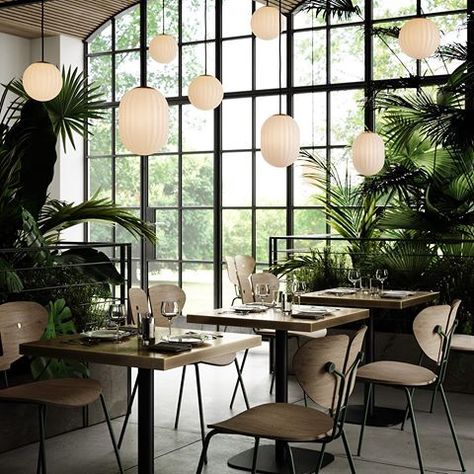 NORDIC TALES (@nordictales) • Instagram photos and videos Nordic Cafe, Botanical Interior Design, Scandinavian Cafe, Scandinavian Restaurant, Botanical Interior, Nordic Restaurant, Design Hall, Modern Restaurant Design, Cafe Interior Design