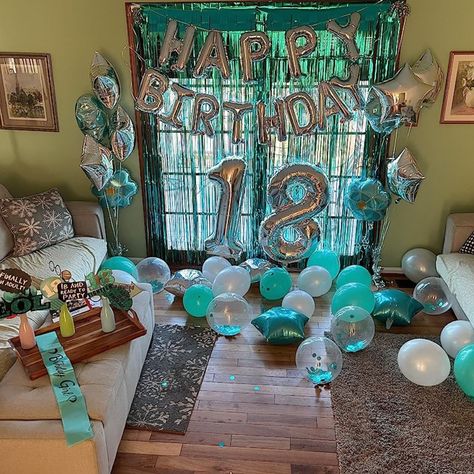 18th Birthday Bash Ideas, Girls 18th Birthday Cake, Silver Balloons Decoration, 18th Birthday Sash, 18th Birthday Backdrop, Billie Eilish Birthday, Teal Birthday, 18th Birthday Gifts For Girls, Birthday Sleepover Ideas