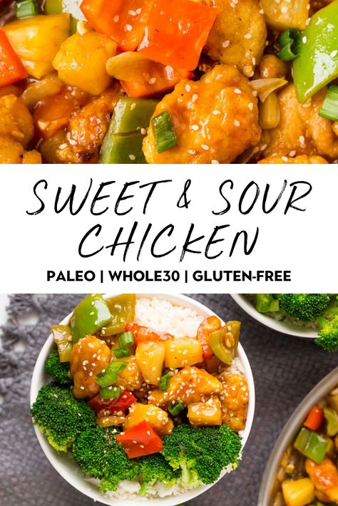 You won't miss take out with this healthy sweet and sour chicken. With crispy chicken, bell peppers, pineapple, and onion, it taste just like your favorite Chinese restaurant. All topped with a sweet and savory sauce you'll love! Paleo, Whole30, gluten free, and soy free too! #sweetandsourchicken #whole30chicken #paleo #glutenfree Whole30 Sweet And Sour Chicken, Whole 30 Pineapple Chicken, Whole 30 Sweet And Sour Chicken, Aip Sweet And Sour Chicken, Paleo Sweet And Sour Chicken, Healthy Sweet Sour Chicken, Whole 30 Chinese Food, Low Carb Sweet And Sour Chicken, Aip Chinese Recipes