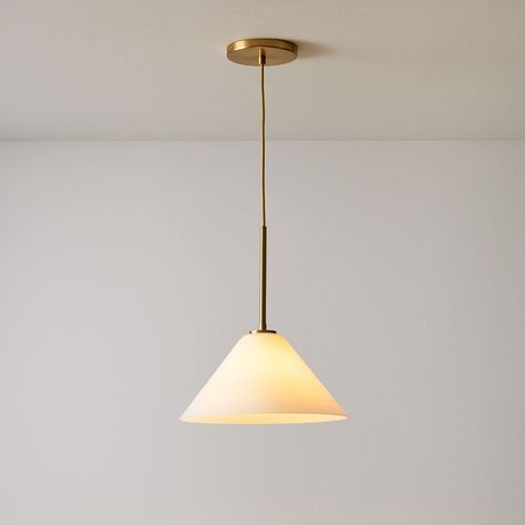 Sculptural Glass Cone Pendant - Milk | West Elm Neutral Kitchen Pendant Lights, Glass Kitchen Pendant Lights Over Island, Milk Glass Pendant Light Kitchen Island, Canopy Glass, Lights Over Kitchen Island, Cone Pendant Light, Cottage Lighting, Kitchen Lights, Kitchen Island Pendant